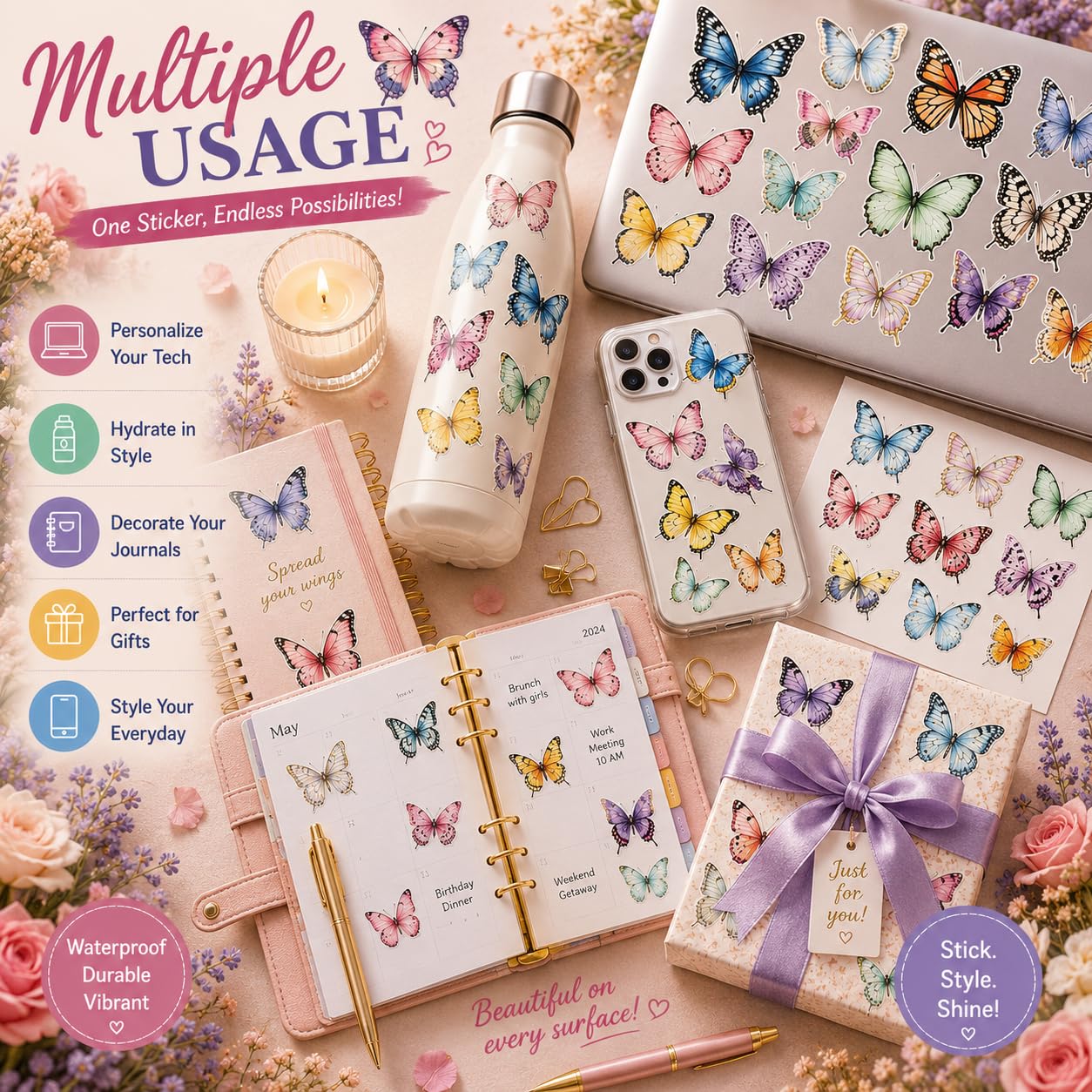 S.A.V.I 50 Pcs Butterfly Stickers Pack | Waterproof Vinyl Decals