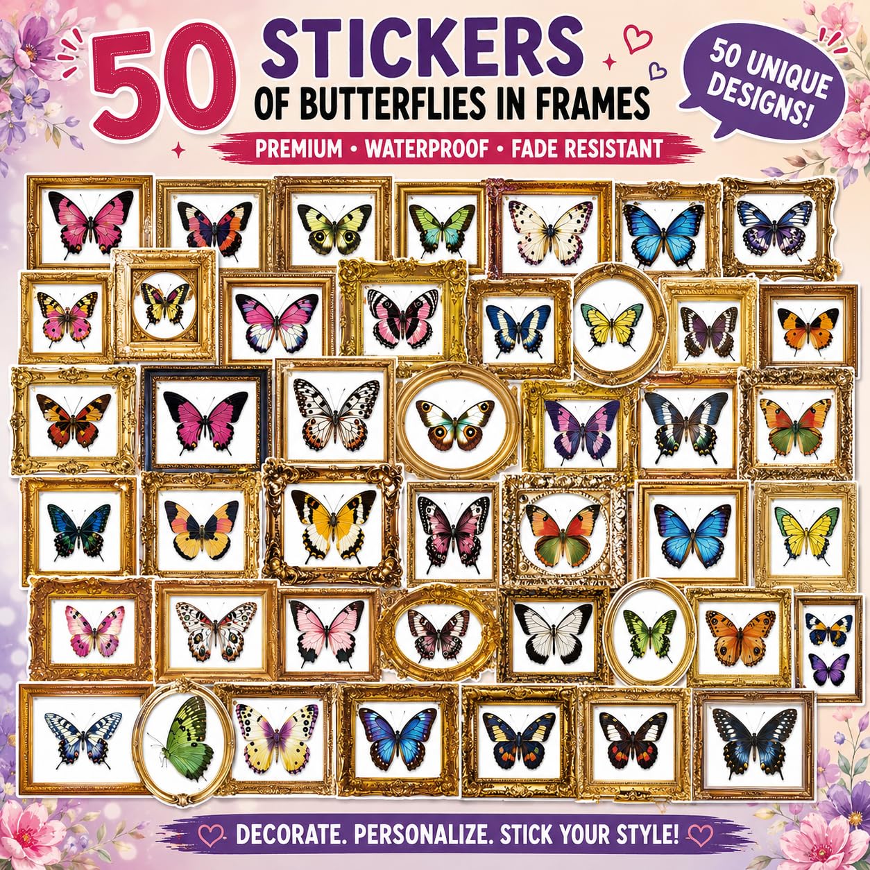 S.A.V.I 50 Pcs Vintage Butterfly Stickers Set, Waterproof PVC Decals