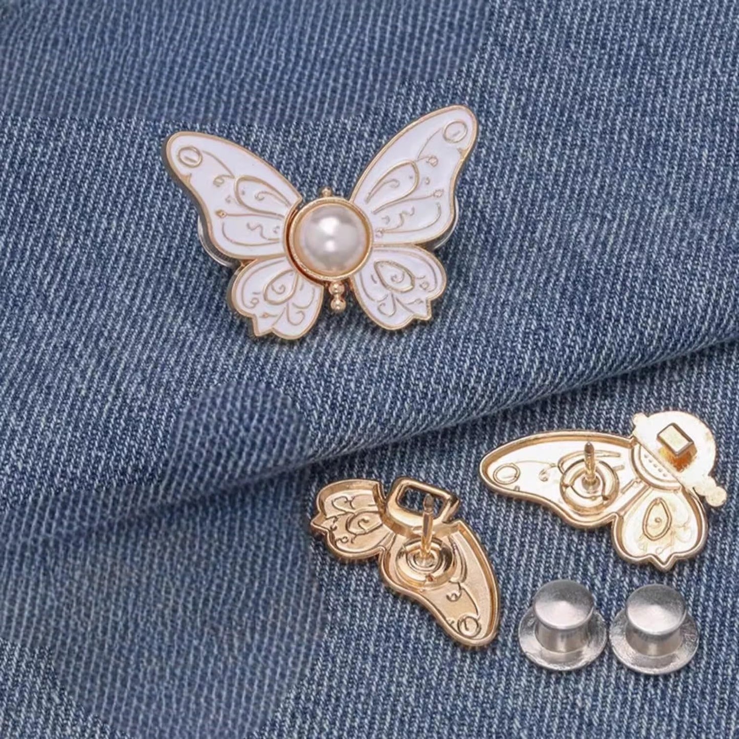 S.A.V.I 2 Pcs Butterfly Pant Waist Tightener Clip, No Sew Adjustable Button for Loose Jeans Dresses Skirts, White Pearl Metal Waist Buckle, Lightweight Perfect Fit (3cm x 2.5cm)