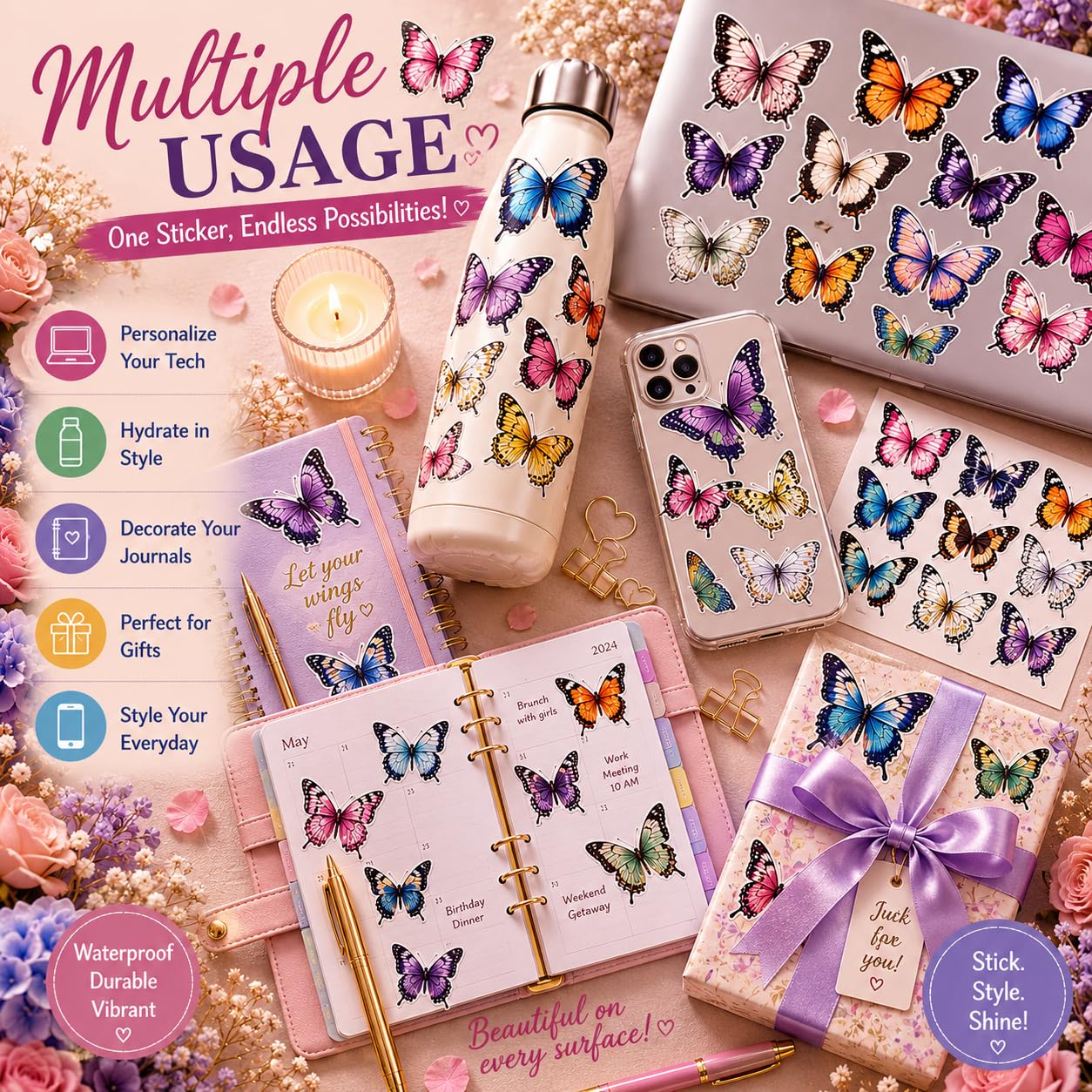 S.A.V.I 50 Pcs Butterfly Stickers Pack, Waterproof Vinyl Decals