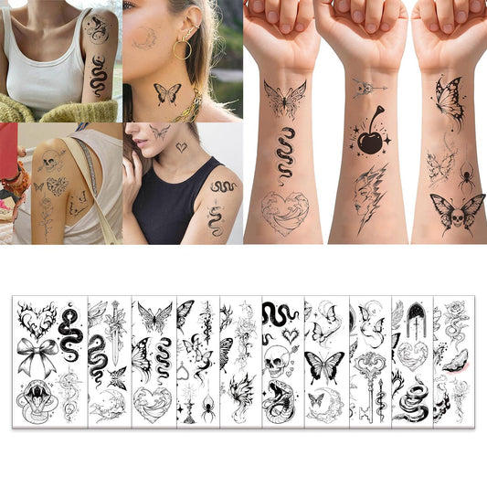 S.A.V.I 10 Sheets Temporary Tattoo Stickers for Women & Girls | Waterproof Body Art | Non-Toxic Skin Tattoos | 12x6.8cm Stylish Butterfly, Snake, Heart Designs | Arms, Neck, Back (Mixed Set)