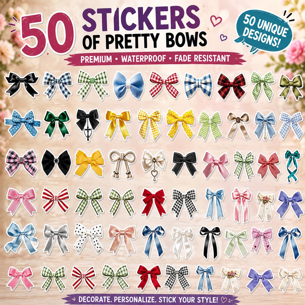 S.A.V.I 50 Pcs Cute Bow Stickers Set, Waterproof PVC Vinyl Decals