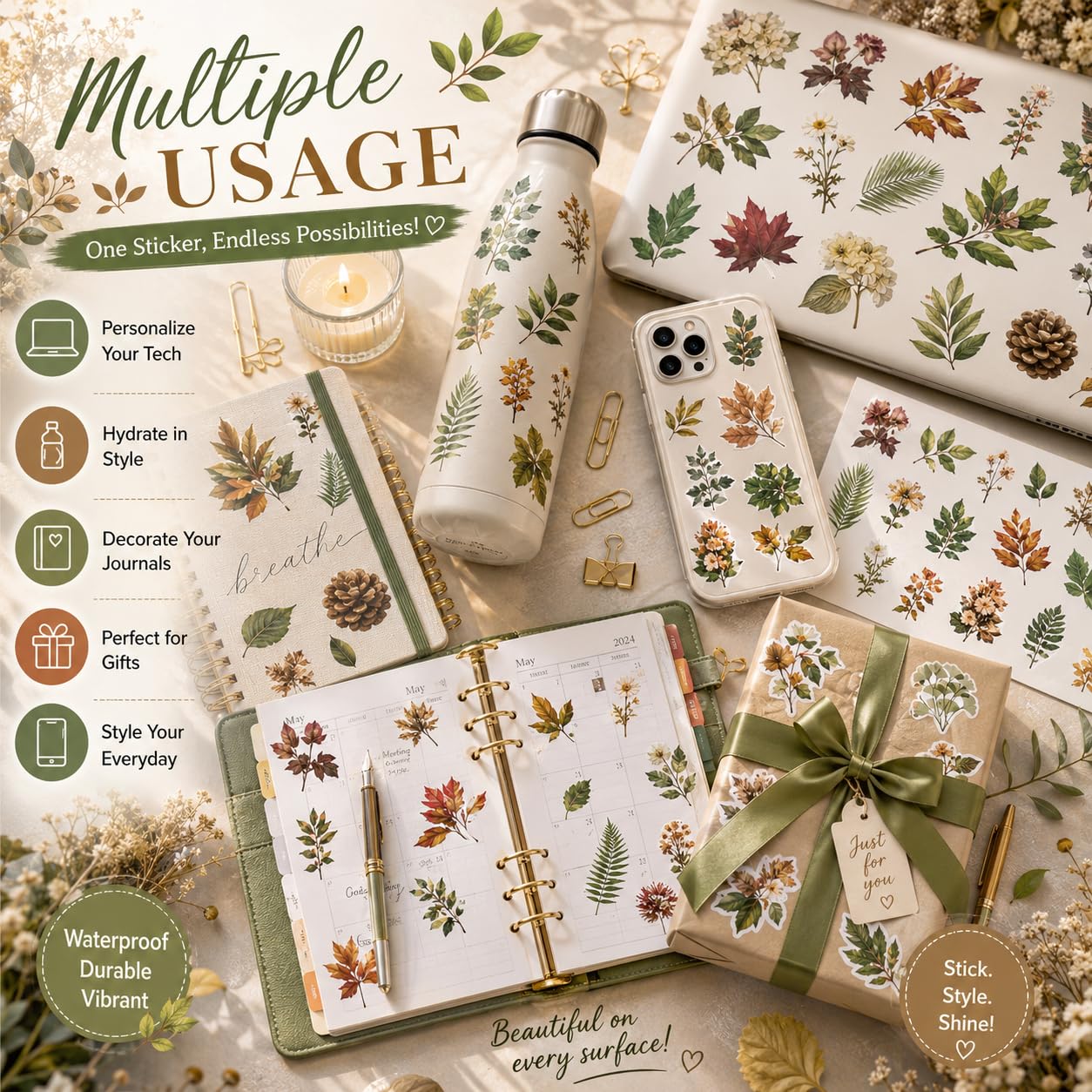 S.A.V.I 50 Pcs Botanical Floral Stickers Set, Waterproof PVC Vinyl Decals