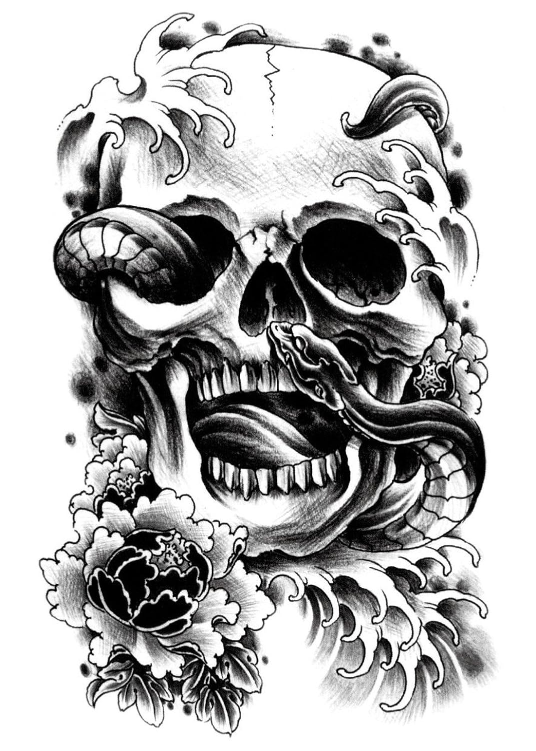 S.A.V.I Temporary Tattoo For Girls Men Women 3D Big Skull Face Snake Sticker Size 21x15CM - 1PC.