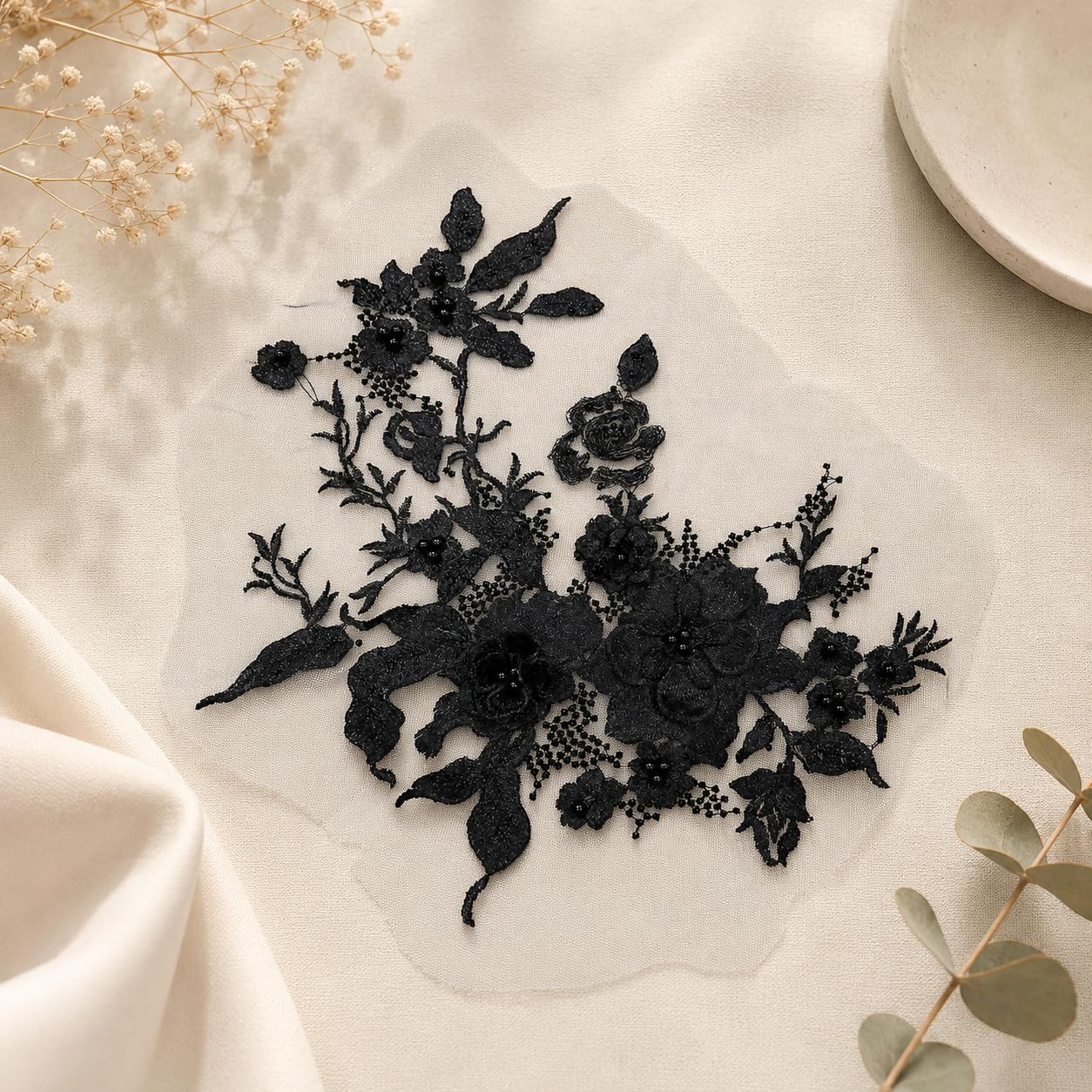 S.A.V.I Floral Embroidery Sew-On Applique Patch Black|36 x 25 cm Mesh Lace With 3D Beads for Dresses, Kurtas, Blouses, Gowns & DIY Outfit Customization