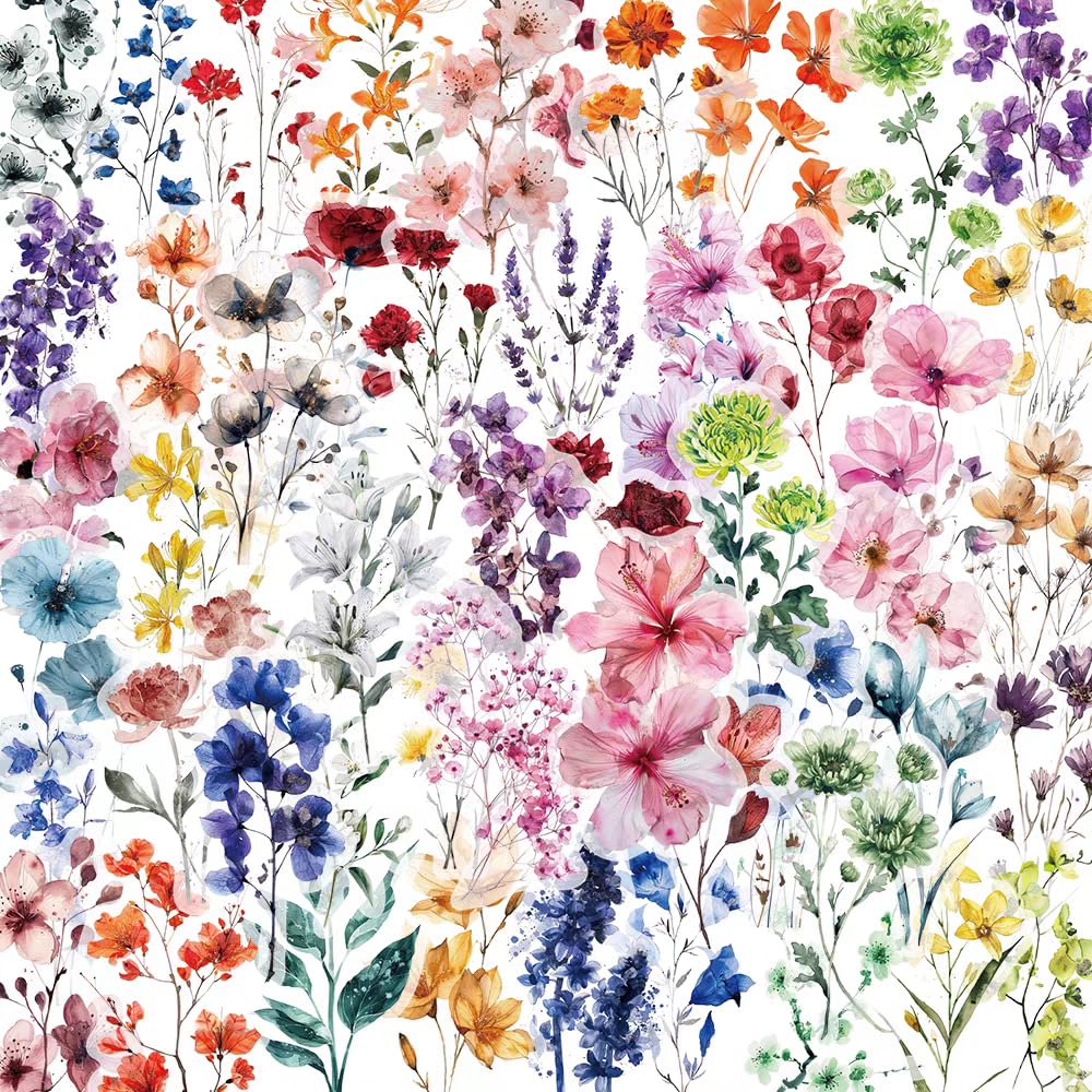 S.A.V.I Floral Transparent PET Stickers – 50 Sheets | Waterproof Matte UV | Multicolour Botanical Flowers (3–6 cm) | DIY Decor for Glass Cups, Bottles, Phone Covers, Journals & Crafts