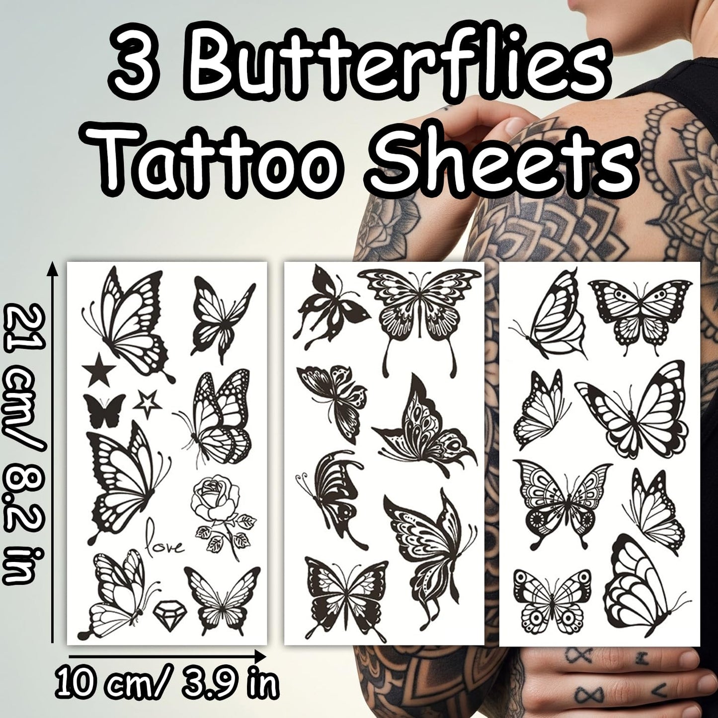 S.A.V.I 3 Sheets Large Butterfly Temporary Tattoos for Women – 21x10cm Black Waterproof, Safe & Non-Toxic Body Art Stickers – Long-Lasting Removable Shoulder, Arm & Back Designs