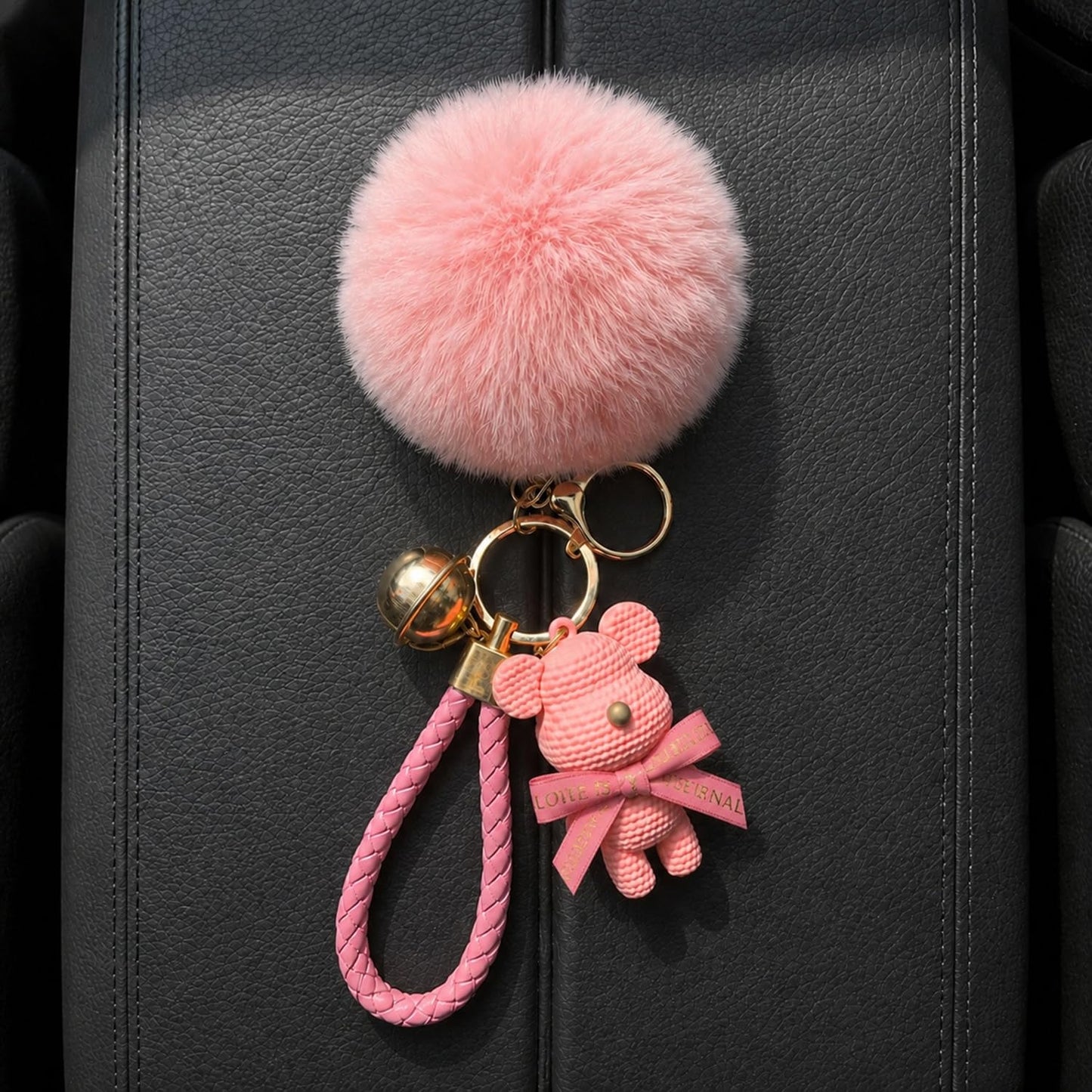 S.A.V.I Teddy Bear Pom Pom Keychain for Women & Girls, Pink Bag Charm, Soft Faux Fur, Braided Strap, Gold-Tone Bell, 13.5 Cm Cute Accessory For Keys, Handbags, Backpacks & Gifting