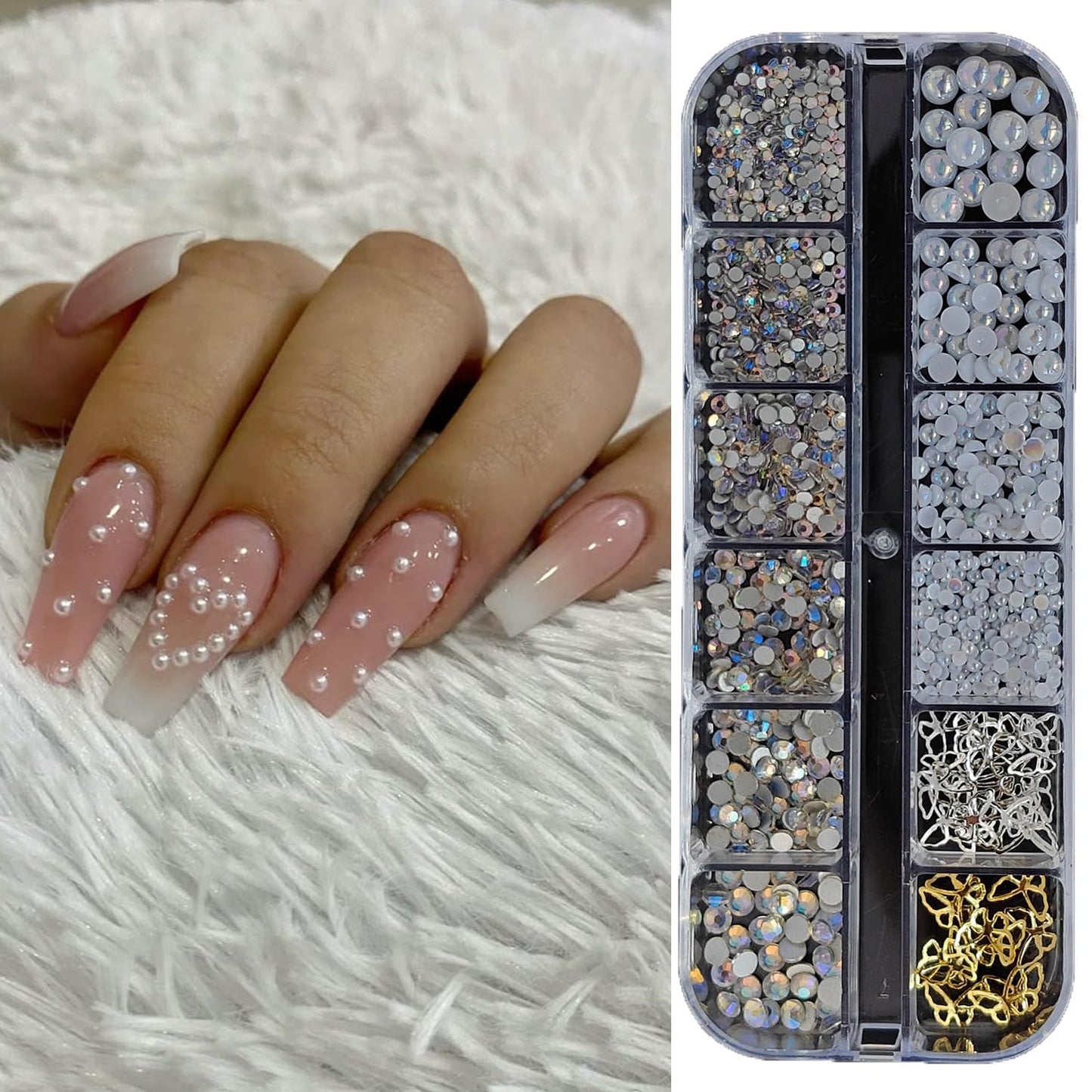 S.A.V.I DIY Nail Art Rhinestone & Pearl Decoration Kit – AB Crystal Glass Flat Back Stones, White Pearls, Gold & Silver Butterfly Charms with 12 Section Storage Box for Gel Acrylic Nails