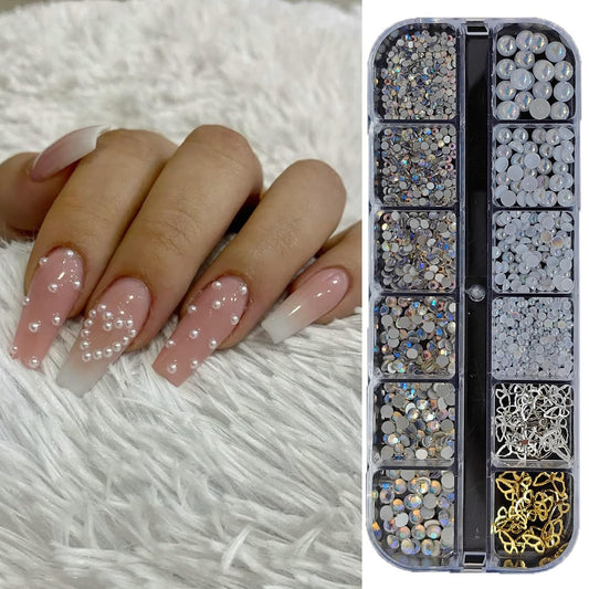 S.A.V.I DIY Nail Art Rhinestone & Pearl Decoration Kit – AB Crystal Glass Flat Back Stones, White Pearls, Gold & Silver Butterfly Charms with 12 Section Storage Box for Gel Acrylic Nails