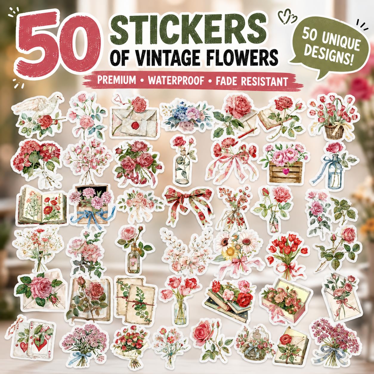 S.A.V.I 50 PCS Vintage Floral Stickers Set for Journaling & Crafts