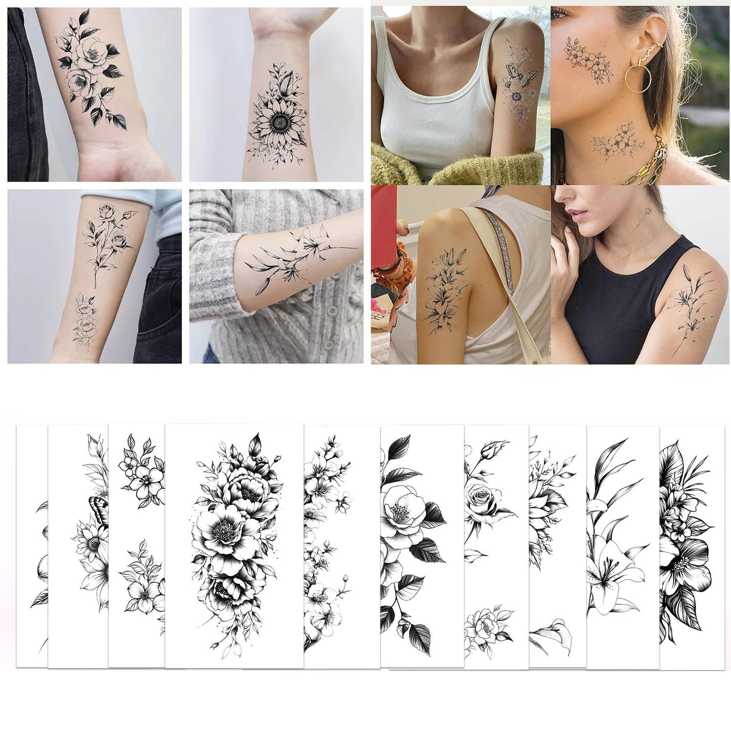 S.A.V.I 10 Sheets Black Floral Temporary Tattoos for Women & Kids | Waterproof Non-Toxic Body Art Stickers | Long-Lasting Skin-Friendly Tattoo for Arm, Wrist, Hand | Easy to Apply & Remove