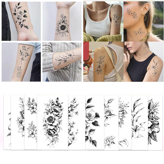 S.A.V.I 10 Sheets Black Floral Temporary Tattoos for Women & Kids | Waterproof Non-Toxic Body Art Stickers | Long-Lasting Skin-Friendly Tattoo for Arm, Wrist, Hand | Easy to Apply & Remove