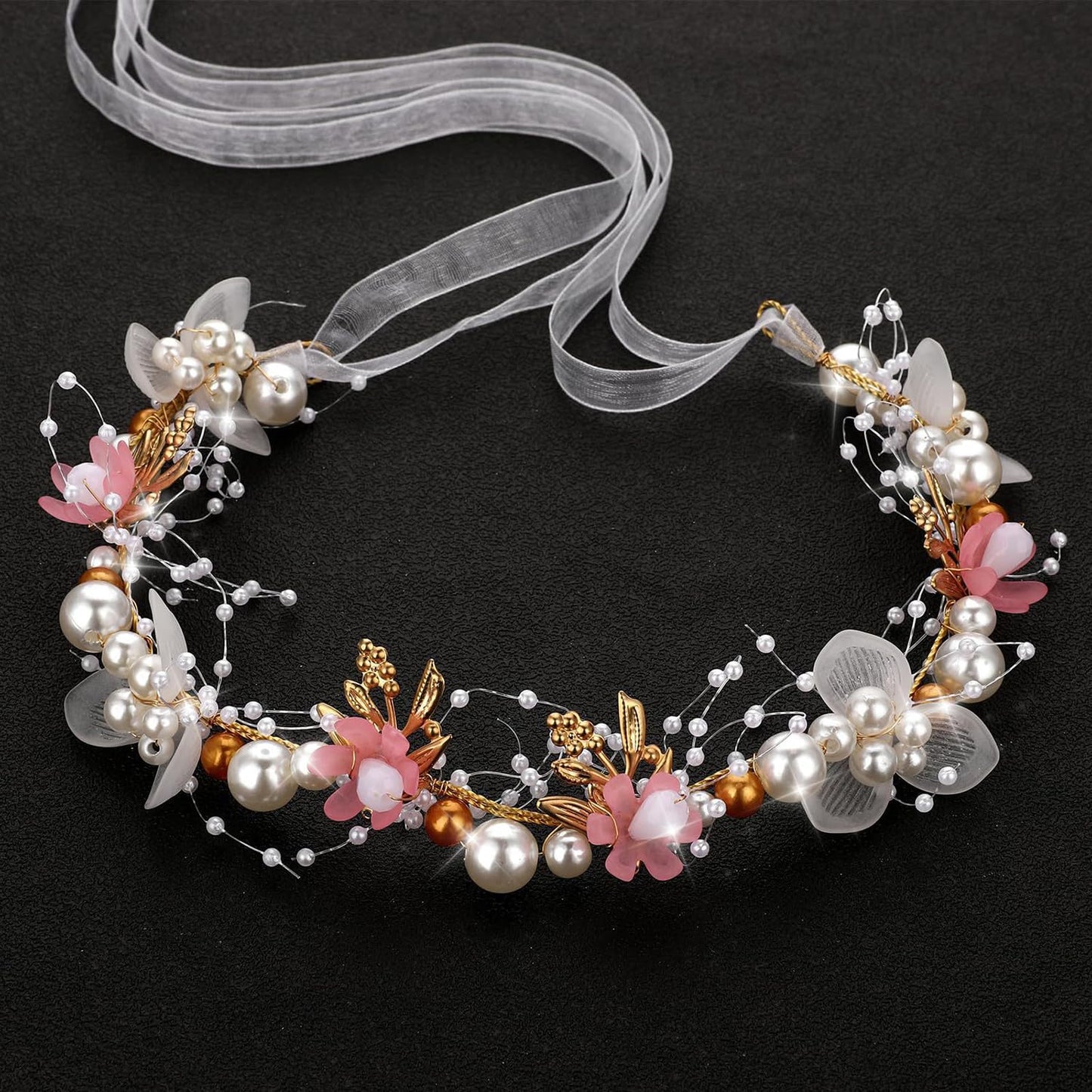 S.A.V.I Floral Pearl Headband for Women & Girls | Pink White Flower Hair Vine Crown Tiara with Ribbon Bow | Adjustable 35cm Bridal Hair Accessory for Wedding Party Festive
