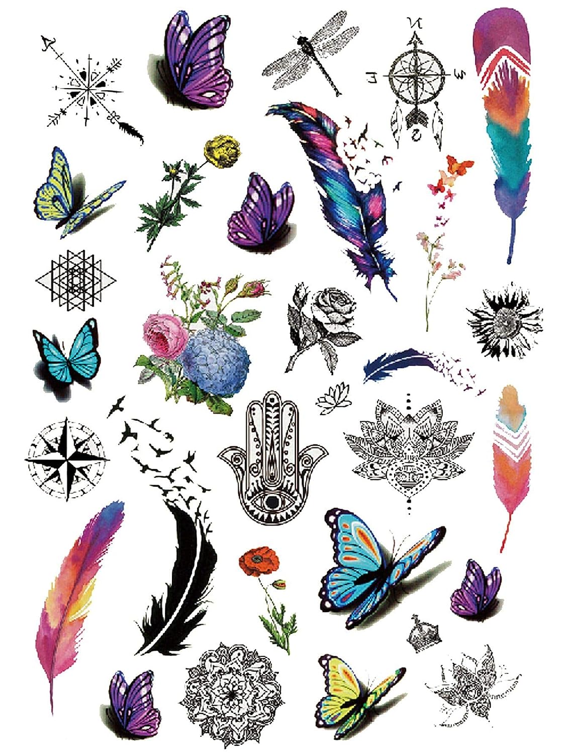 S.A.V.I 3D Temporary Tattoo Colorful Feathers Butterflies Birds Compass Totem Design Size 21x15CM - 1PC.