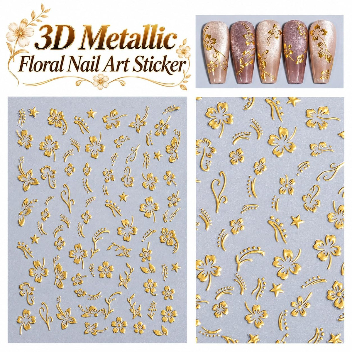 S.A.V.I 3D Floral Nail Art Stickers Metallic Gold Self Adhesive | 2 Sheets, 8 x 10 cm Each, Raised Flower & Leaf Designs, Easy Peel and Apply, for Women & Girls