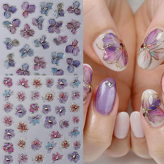 S.A.V.I 2 Sheets - 3D Floral Nail Art Stickers Purple Blue Multicolor with Chrome Gold Outline | Self Adhesive Resin Nail Decals for DIY Decoration