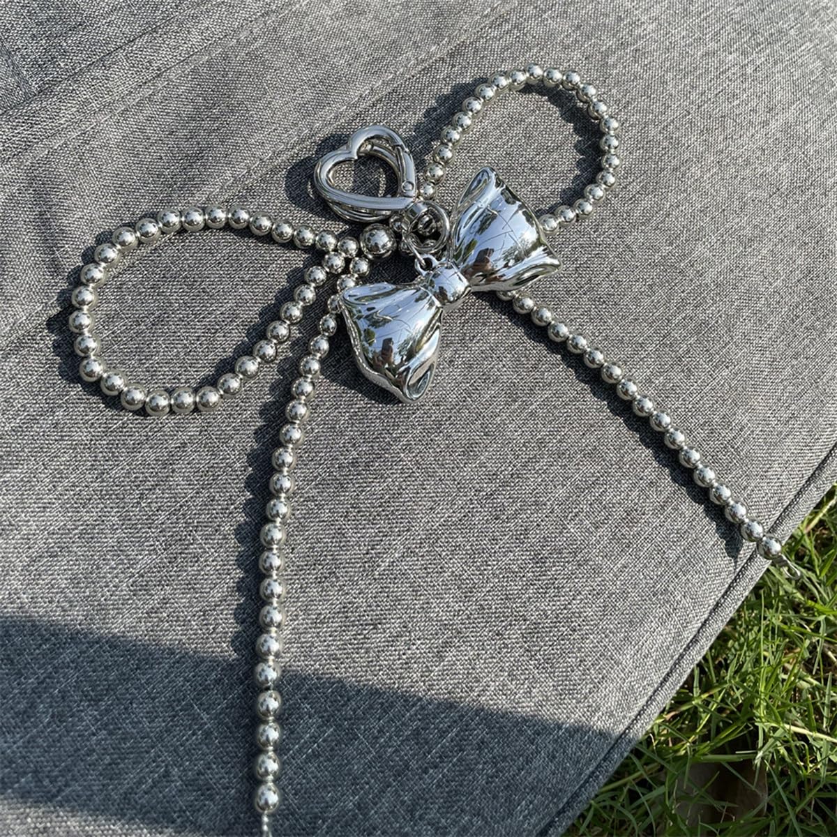 S.A.V.I Silver Bow Keychain with Beaded Chain for Bags and Keys, Set of 2, 17.5 x 6 cm Size, Heart Clasp, Chrome Finish, Big Bead Chain, Bag Charm