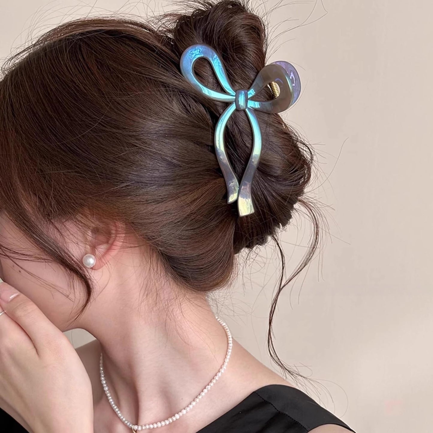 S.A.V.I Large Bow Hair Claw Clip for Women & Girls | 13 cm Jumbo Acrylic Hair Clutch | Mermaid Purple Iridescent Finish | Strong Grip Stylish Elegant Hair Accessory