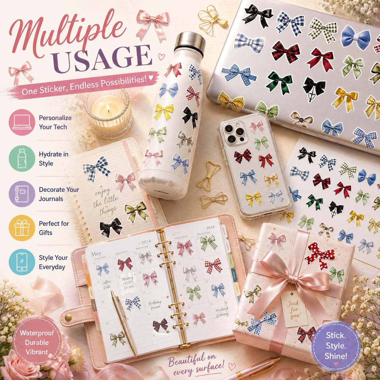 S.A.V.I 50 Pcs Cute Bow Stickers Set, Waterproof PVC Vinyl Decals