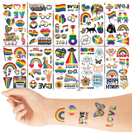 S.A.V.I Pride Rainbow Temporary Tattoos – 10 Sheets Multicolour Heart, Butterfly & Love Designs (6.8 x 12 cm) Safe Non-Toxic Waterproof Body Art for Adults, Party, Festival & LGBTQ Decor (#333)