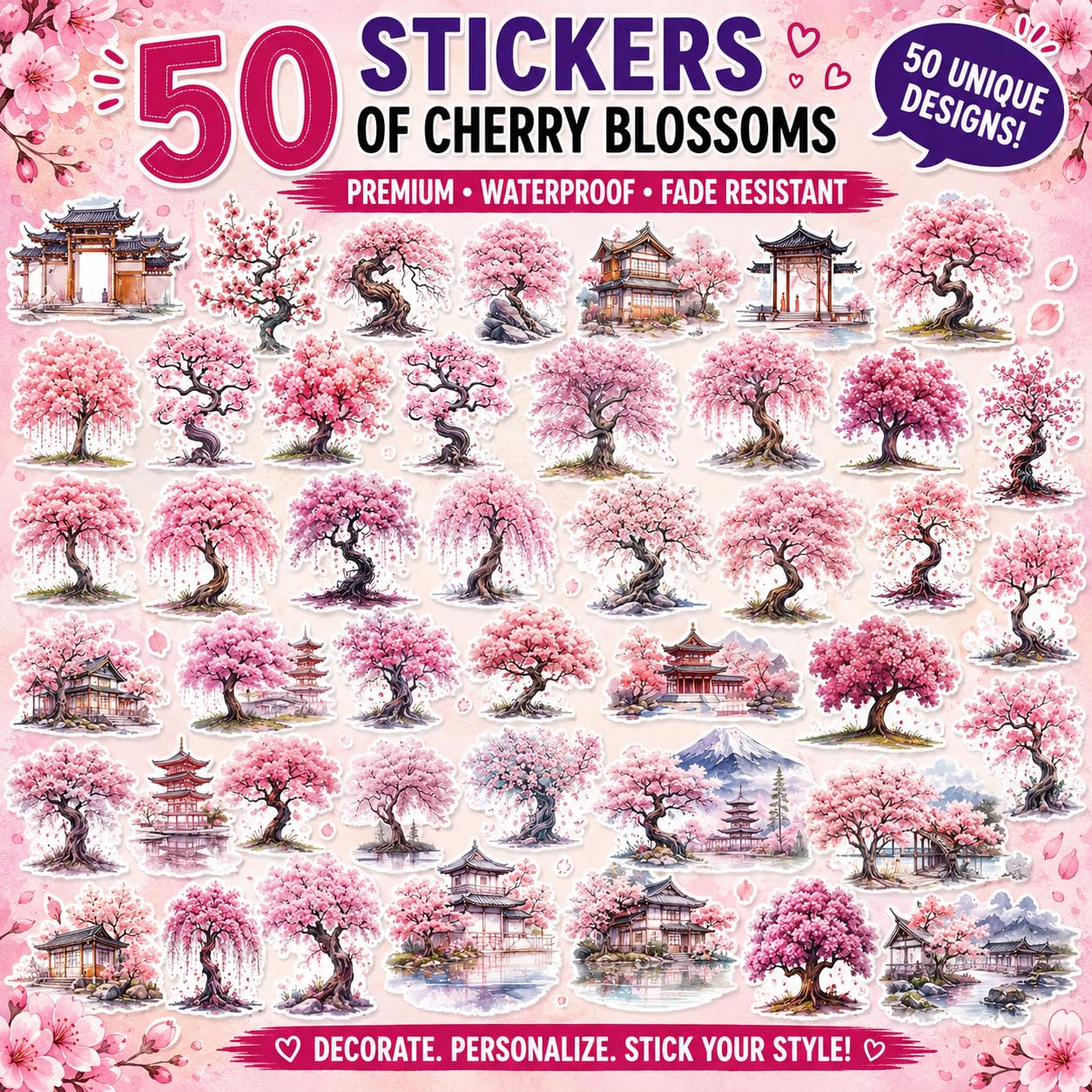 S.A.V.I Cherry Blossom Stickers Pack of 50, Vinyl Decals