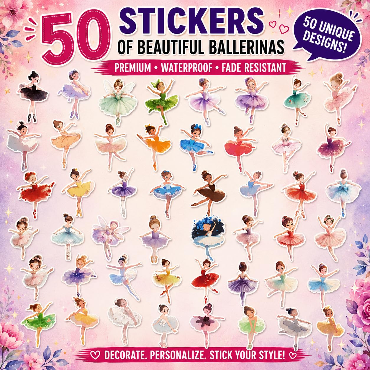 S.A.V.I 50 Pcs Cute Ballerina Princess Stickers for Kids Girls, PVC
