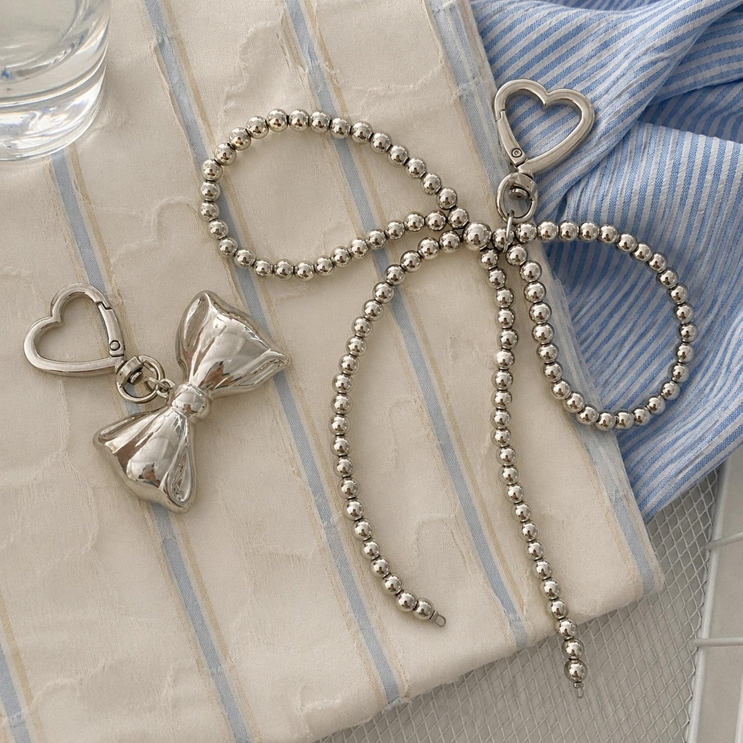 S.A.V.I Silver Bow Keychain with Beaded Chain for Bags and Keys, Set of 2, 17.5 x 6 cm Size, Heart Clasp, Chrome Finish, Big Bead Chain, Bag Charm