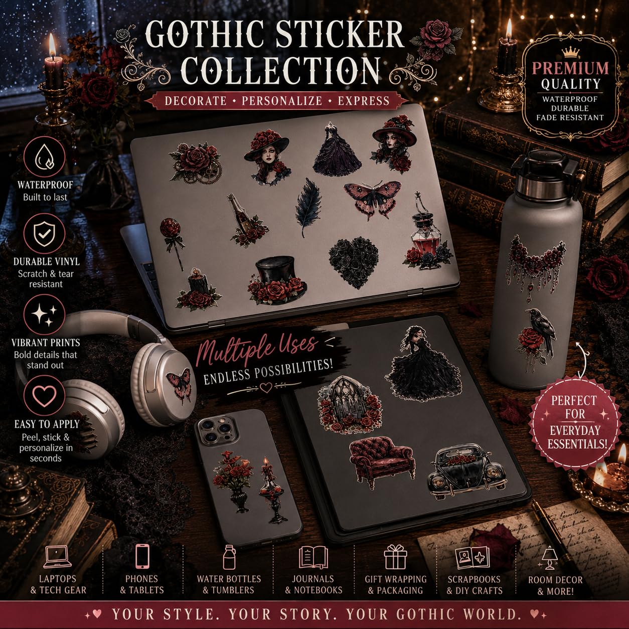 S.A.V.I 50 Pcs Gothic Vinyl Stickers Pack for Laptop & Water Bottle