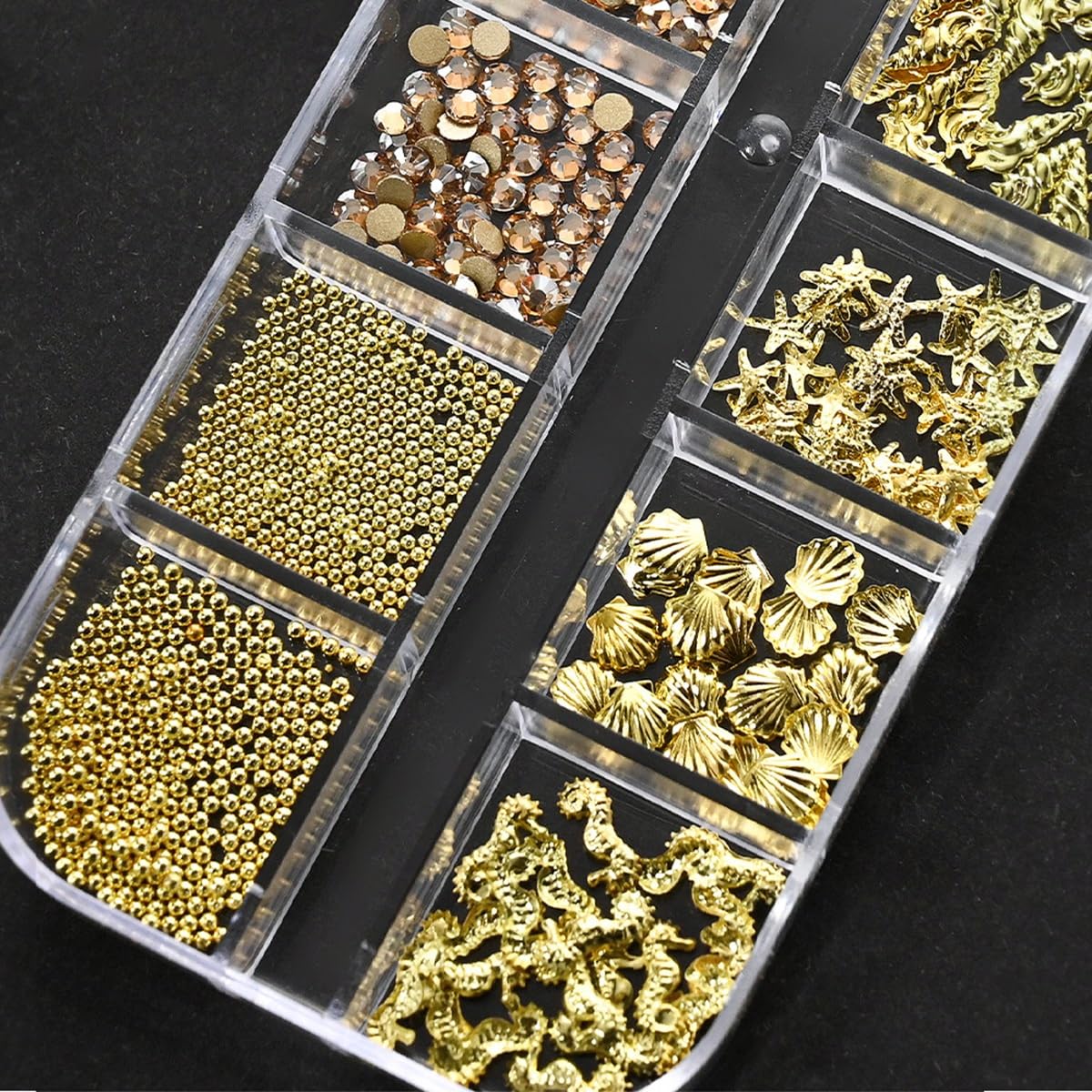 S.A.V.I 3D Beach Theme Nail Art Kit | Gold Metal Seashell, Starfish & Seahorse Charms with Pearls and Rhinestones | Multi Size Flat Back | 12 Grid Storage Box