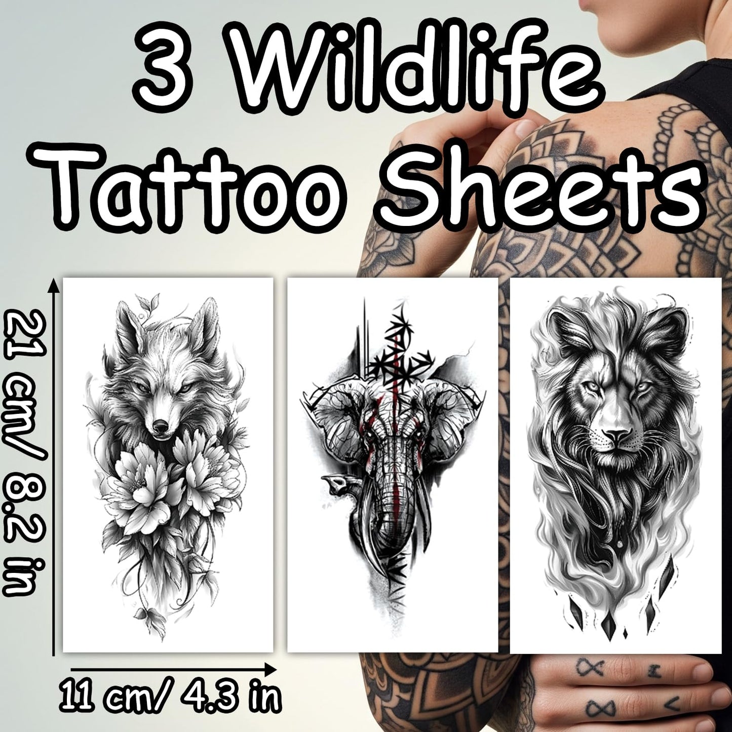 S.A.V.I 3 Large Wildlife Temporary Tattoos for Men & Women – Black Wolf, Lion & Elephant Designs (21x11 cm) – Safe Waterproof Non-Toxic Body Art Stickers for Arm, Shoulder & Back (Wild-2)