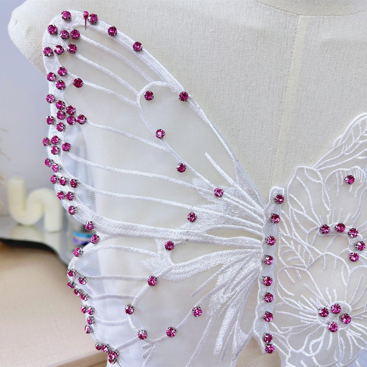 S.A.V.I Butterfly Floral Embroidery Sew-On Rhinestones White Patch 35x32cm|Ultra Thin Floral Lace Design for Kaftan, Dress, Blouse & Tops, Lightweight Decorative Craft Embellishment for Women