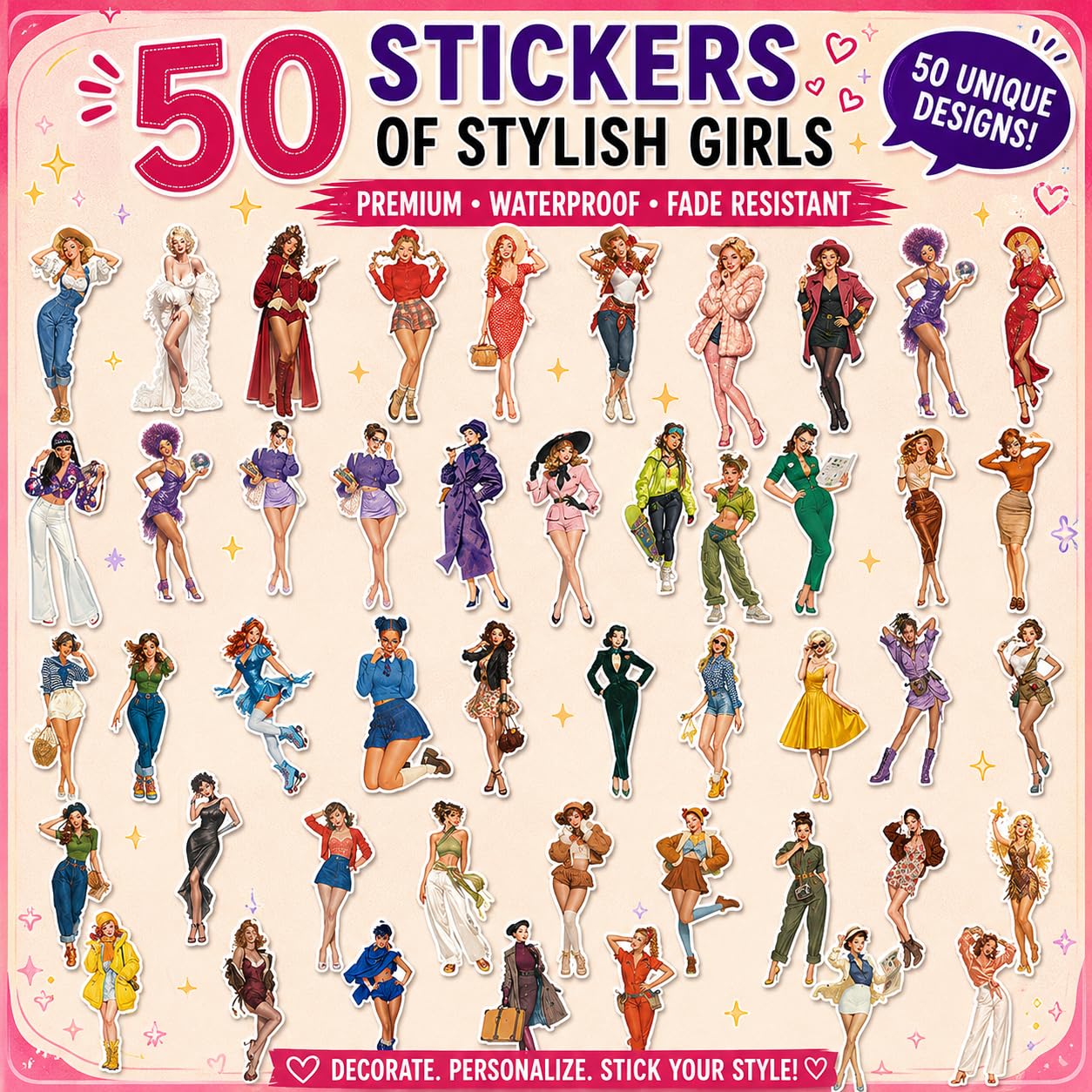 S.A.V.I 50 Pcs Girls Vinyl Stickers Pack for Laptop Mobile Bottle