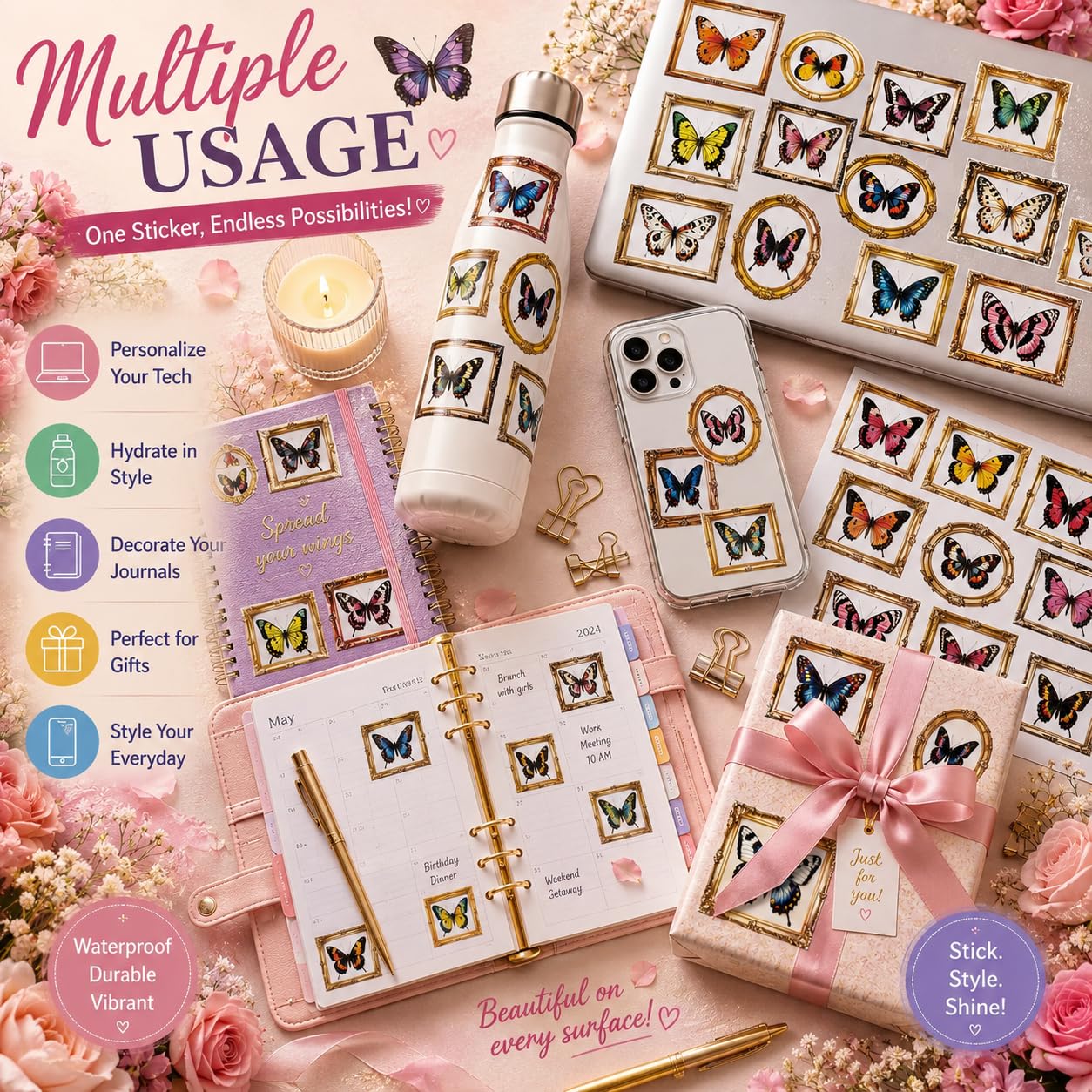 S.A.V.I 50 Pcs Vintage Butterfly Stickers Set, Waterproof PVC Decals