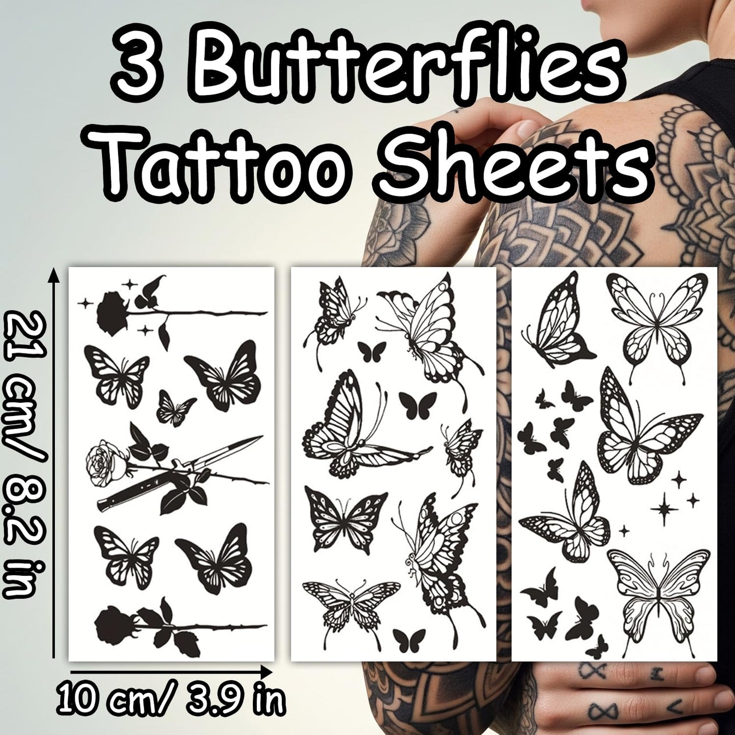 S.A.V.I 3 Black Butterfly Temporary Tattoo Sheets for Women & Girls – Waterproof Body Art Stickers (21x10cm) – Realistic Butterfly & Rose Designs, Safe, Non-Toxic, Easy to Apply & Remove