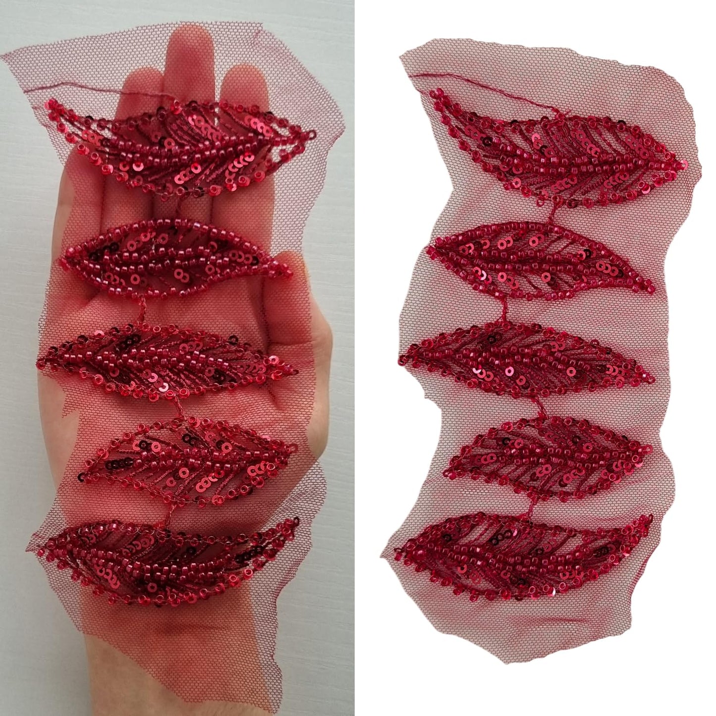 S.A.V.I 5 Leaf Wine Red Sequin Leaf Applique Trim – Sew-On Net Fabric Embellishment, 3x1 Inch Handcrafted Beaded Motif for Blouse, Lehenga, Gown & DIY Crafts