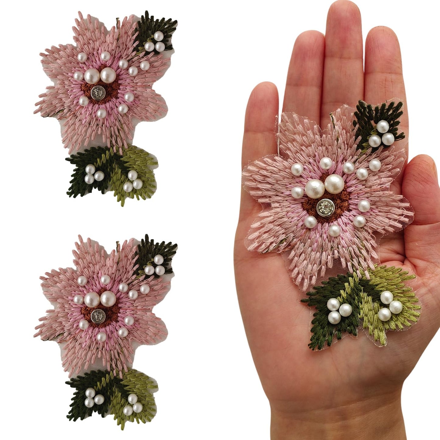 S.A.V.I 2 Pcs Handcrafted Pink Floral Embroidered Applique Patches, (7x5 cm), Pearl Beaded Fabric Flower for Saree, Lapel, Bags, Elegant Women Accessory