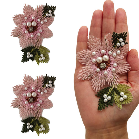 S.A.V.I 2 Pcs Handcrafted Pink Floral Embroidered Applique Patches, (7x5 cm), Pearl Beaded Fabric Flower for Saree, Lapel, Bags, Elegant Women Accessory