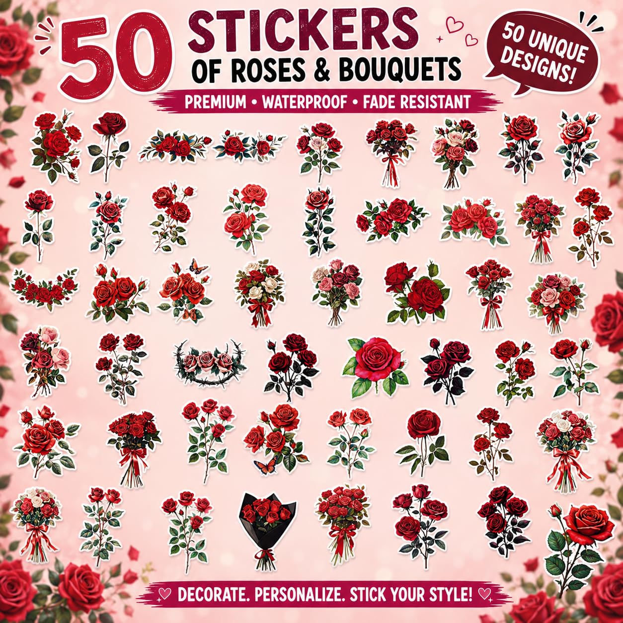 S.A.V.I 50 Rose Bouquet Stickers Pack, Floral Vinyl Decals for DIY Crafts