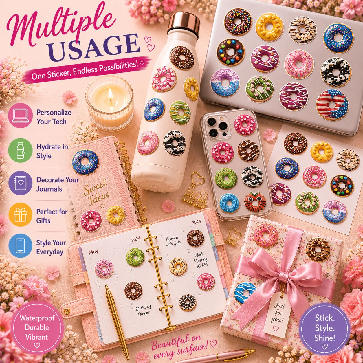 S.A.V.I 50 Cute Donut Stickers Pack | Kawaii Dessert Decals Multicolor