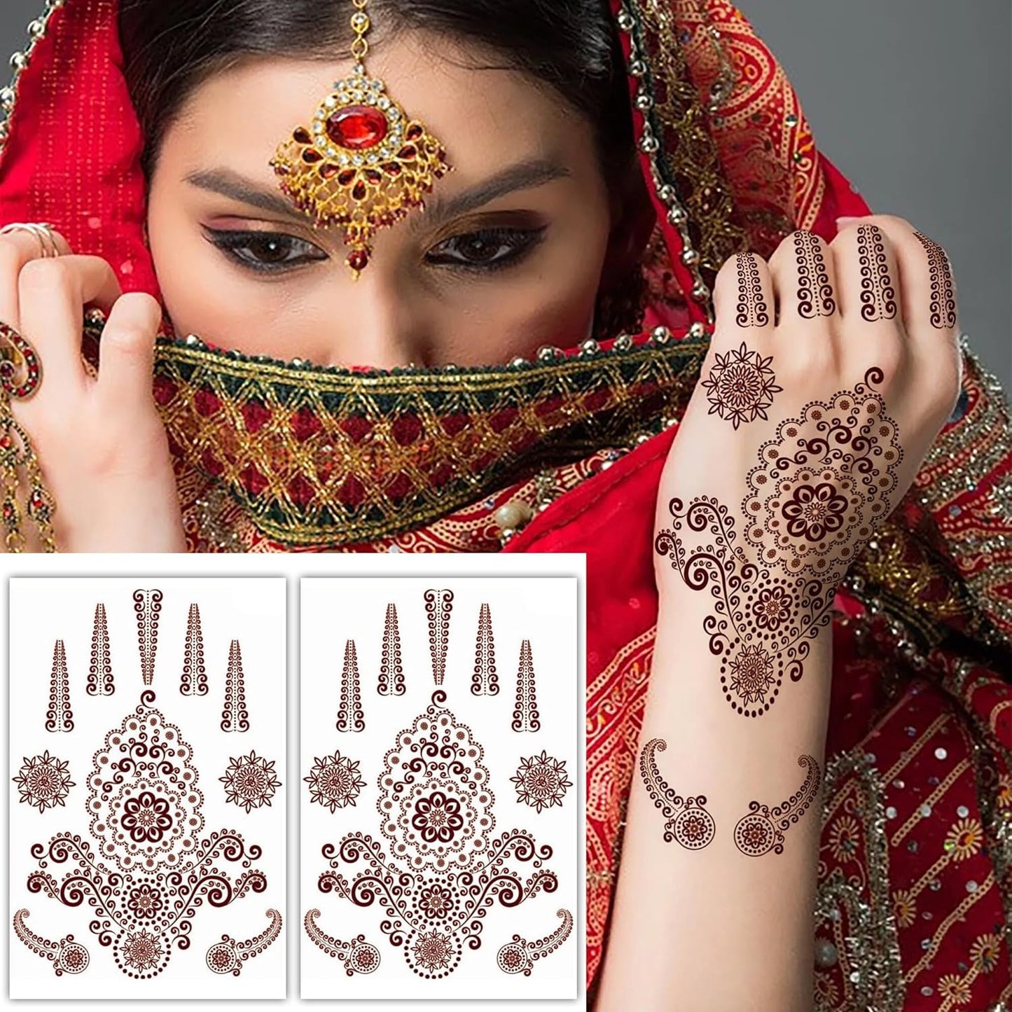 S.A.V.I 2 Sheets Mehndi Tattoo Stickers, Waterproof Henna for Women's Hands  Body, 21x15cm