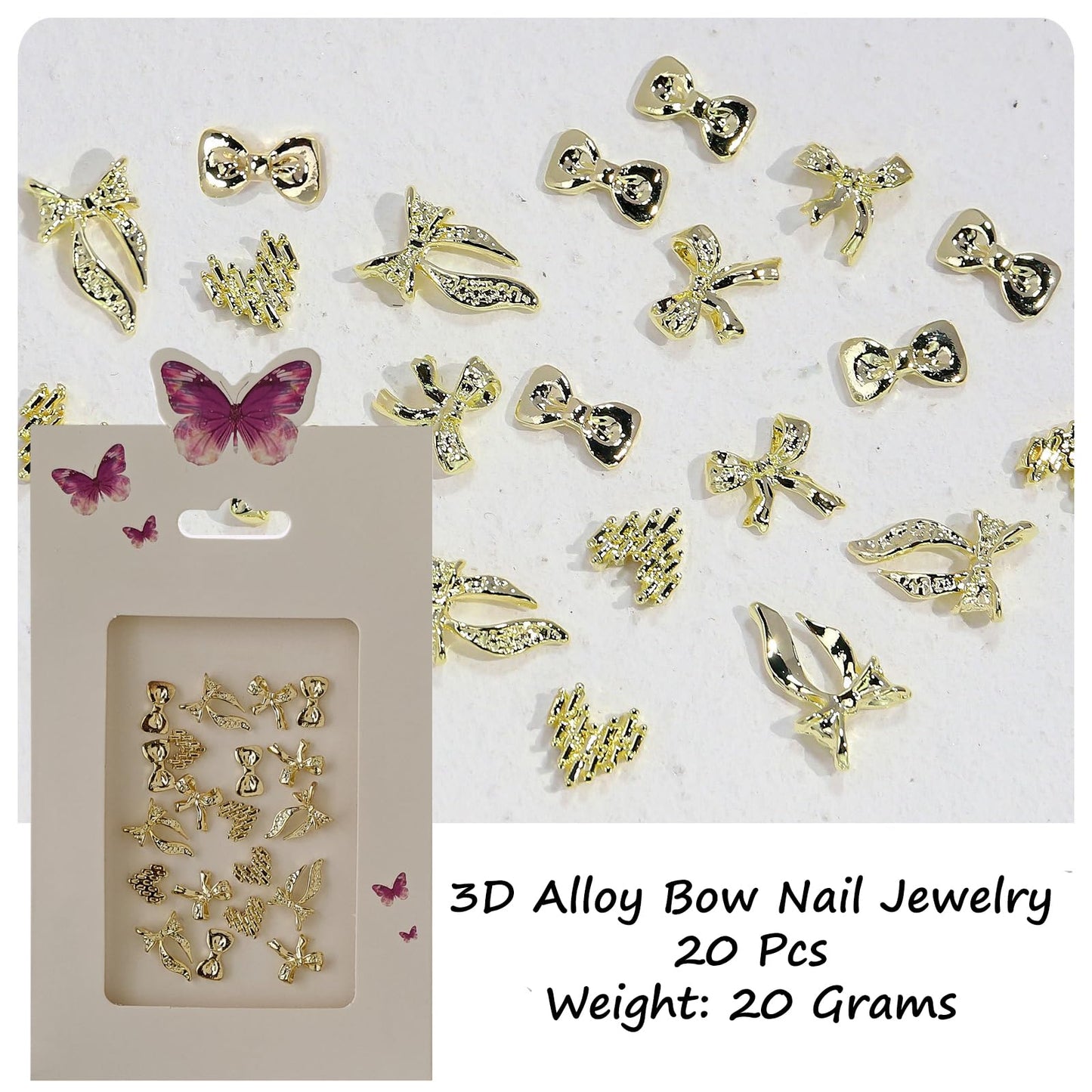 S.A.V.I 3D Gold Bow Nail Art Charms – 20 Pcs Stylish Alloy Nail Decorations for Women & Girls | Mixed Designs for DIY Nail Art, Extensions, Gel Nails & Salon Use | Lightweight Nail Jewelry