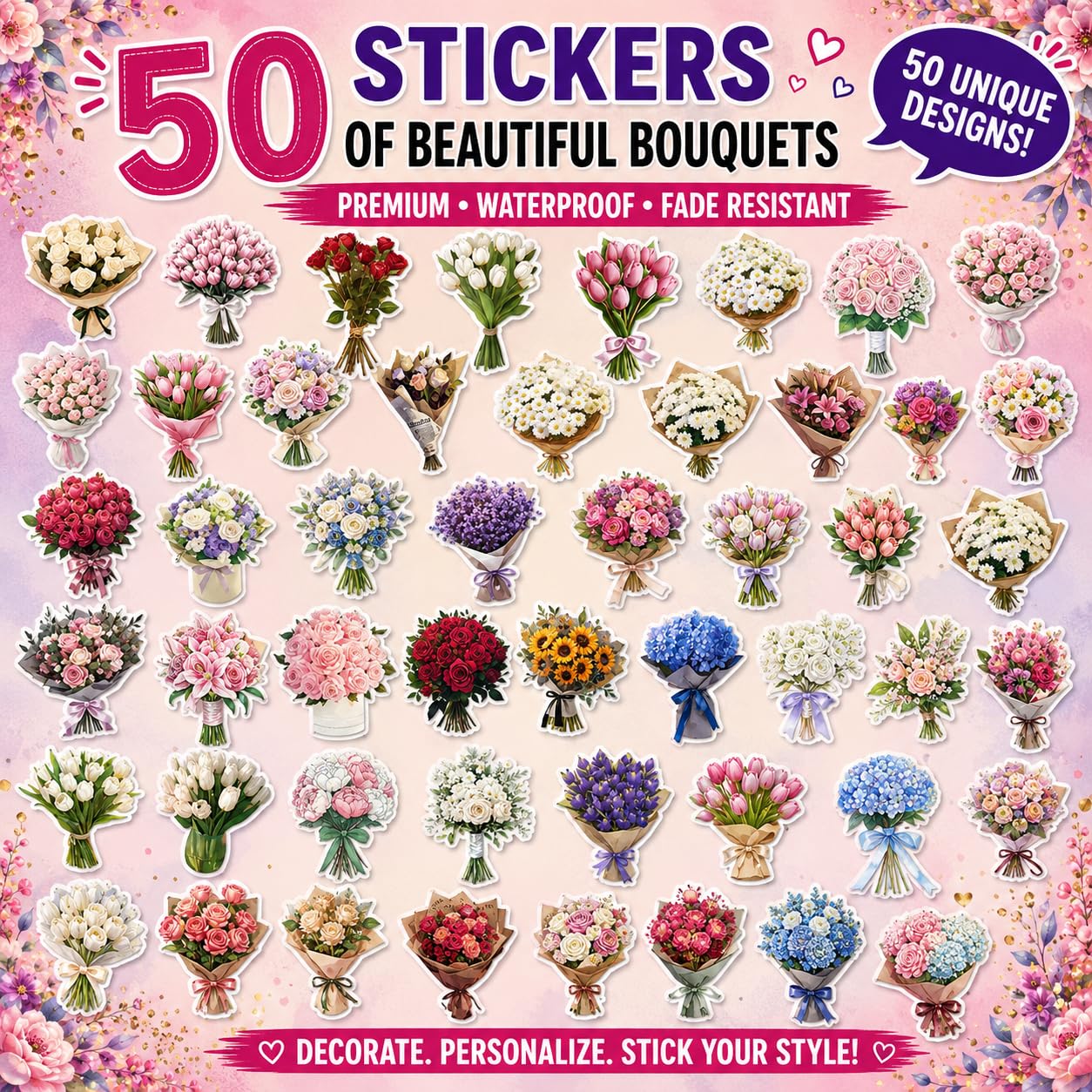 S.A.V.I 50 Pcs Multicolor Floral Stickers Pack, Waterproof Vinyl Decals