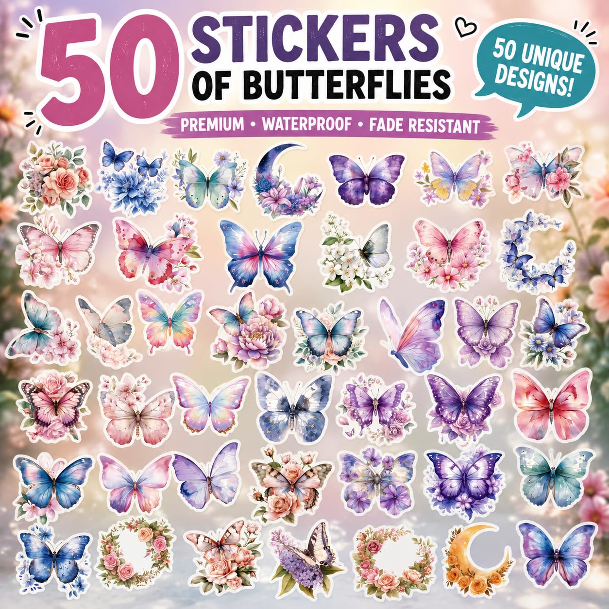 S.A.V.I 50 Pcs Butterfly Stickers, Waterproof Vinyl Decals for Laptop