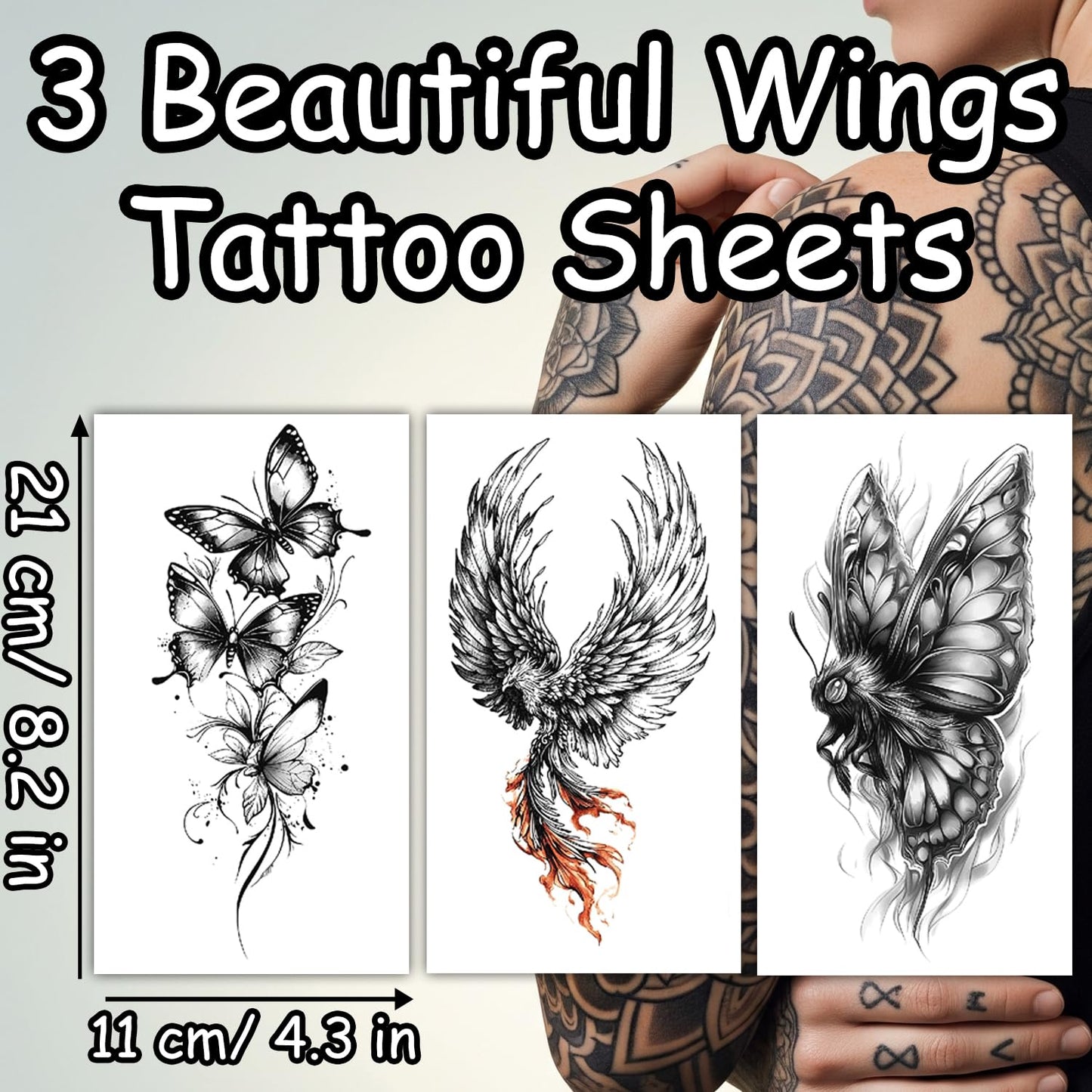 S.A.V.I 3Pcs Temporary Tattoo Sheets for Women & Men | Large 21x11cm Butterfly & Wings Design | Safe, Non-Toxic & Realistic Black Body Art Stickers for Arm, Shoulder, Hand & Back (Wings)