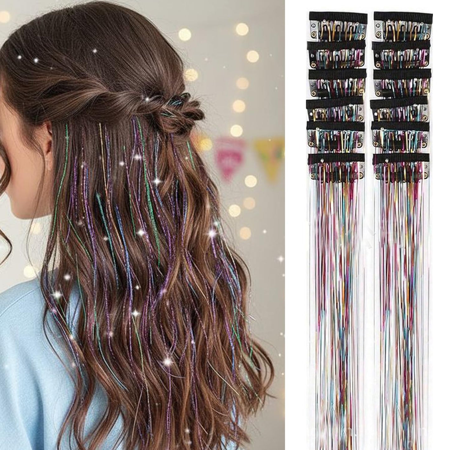 S.A.V.I Multicolor Clip-In Hair Tinsel Extensions 12 Pcs, 50cm Shimmer Fairy Hair Strands with Snap Clips, Metallic Glitter Highlights, Reusable Synthetic Party Styling Accessories for Women & Girls