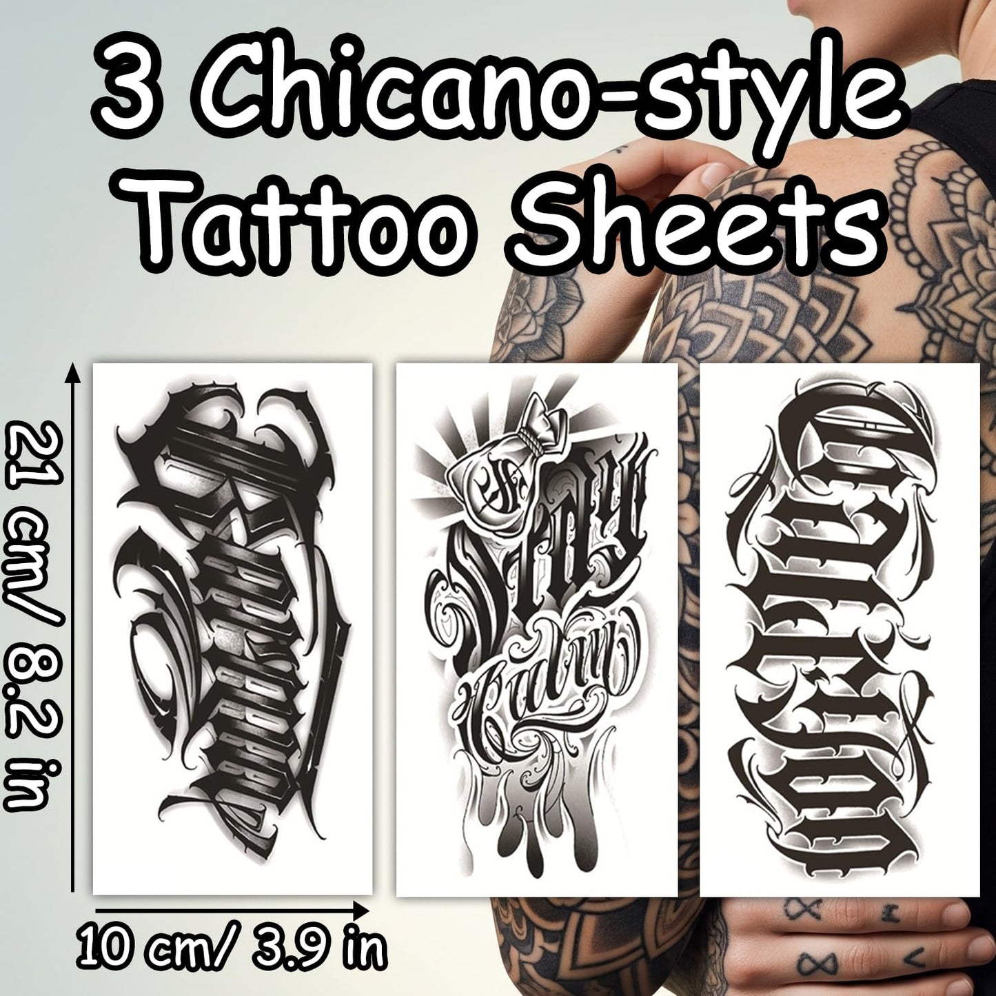 S.A.V.I 3 Chicano Style Temporary Tattoo Sheets – Large 21x10 cm Black Waterproof Body Art Stickers for Men & Women – Safe Non-Toxic Realistic Design – Easy to Apply & Remove, Long-Lasting