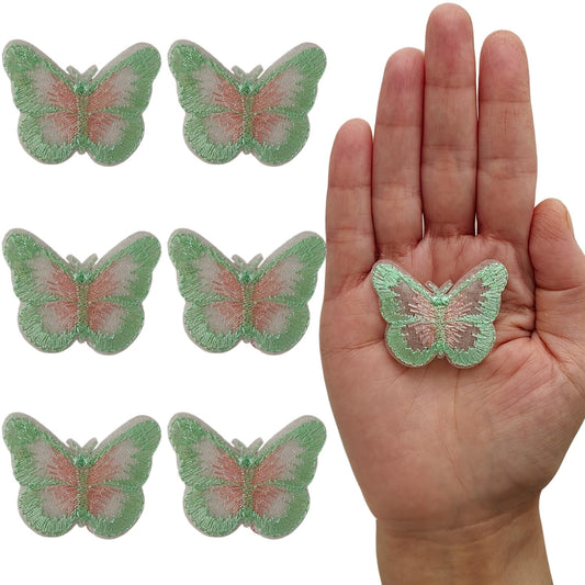 S.A.V.I 6 Pcs Sew-On Embroidered Butterfly Patches – Mint Green & Blush Pink, Sheer Mesh Fabric, 4.4 x 3.5 cm Decorative Appliqué for Dresses, Blouses, Crafts & DIY (Green-Pink)