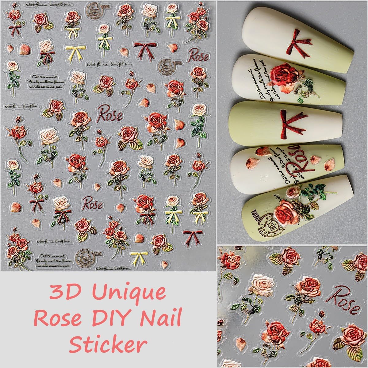 S.A.V.I 2 Sheets 3D Self-Adhesive Nail Art Stickers, Multicolor Butterfly & Rose Design, Resin Gel DIY Decals, Easy Peel-and-Stick, for Women & Girls