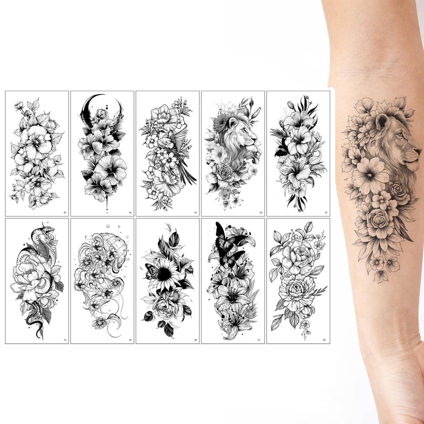 S.A.V.I 10 Pieces - Black Floral & Lion Temporary Tattoo Set for Women & Girls Large 19x9.6 cm | Realistic Fine Line Body Art for Arm, Shoulder, Chest | Waterproof, Safe, Non-Toxic, Easy Application